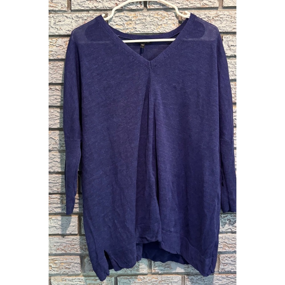 Eileen Fisher Blue V-Neck Dolman Sleeve Lightweight Knit Sweater Large